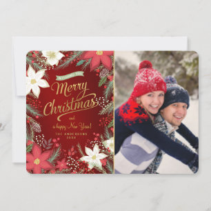 Merry Christmas Poinsettia & Pine Flat Photo Card