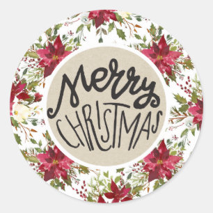 Merry Christmas Poinsettia Rustic Kraft Holiday Classic Round Sticker