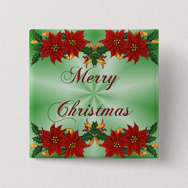 Merry Christmas Poinsettia Square Button  (Front)