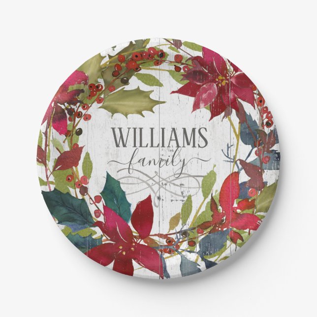 Merry Christmas Poinsettia Watercolor Floral Name Paper Plate (Front)