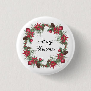 Merry Christmas Poinsettia Wreath 3 Cm Round Badge