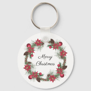 Merry Christmas Poinsettia Wreath   Key Ring