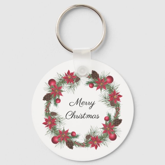 Merry Christmas Poinsettia Wreath   Key Ring (Front)