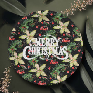 Merry Christmas Poinsettias Holiday Paper Plate