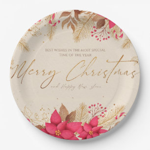 Merry Christmas Poinsettias Paper Plate