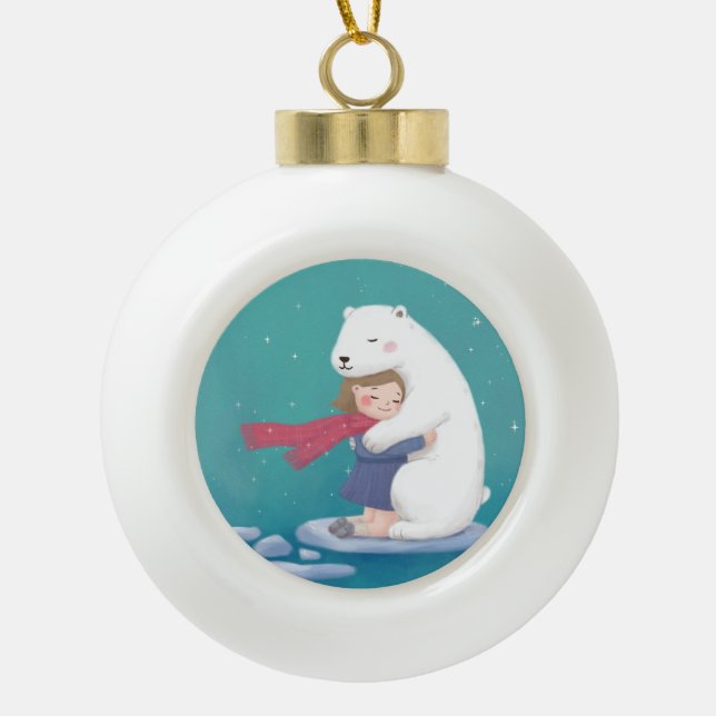 Merry Christmas: Polar Bear & Child Illustration Ceramic Ball Christmas Ornament (Front)