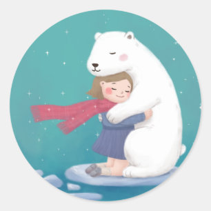 Merry Christmas: Polar Bear & Child Illustration Classic Round Sticker