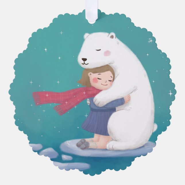 Merry Christmas: Polar Bear & Child Illustration Tree Decoration Card (Front)