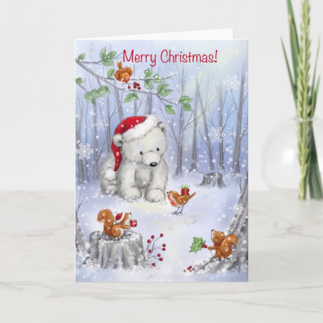 Merry Christmas, Polar Bear in Snowy Wood Card (Front)