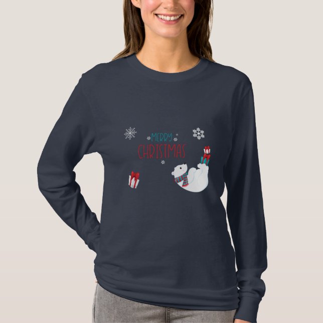 Merry Christmas Polar Bear with Snowflakes T-Shirt (Front)