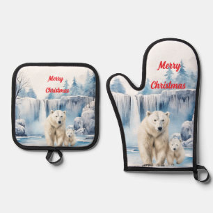 Merry Christmas Polar Bears Oven Mitt & Pot Holder Set