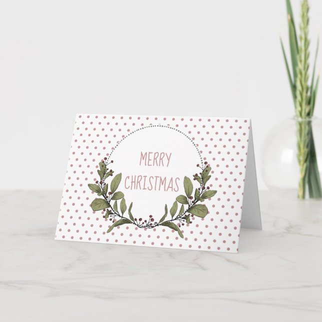 Merry Christmas Polka Dot Mistletoe Wreath  Holiday Card (Front)