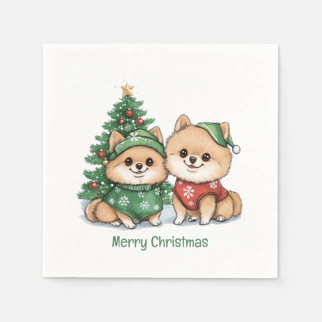 Merry Christmas Pomeranian Dogs Napkin (Front)