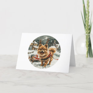 Merry Christmas Pomeranian Reindeer Dog Holiday Card