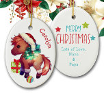 Merry Christmas Pony Kids Ceramic Ornament<br><div class="desc">On the front of this keepsake ceramic ornament for a child is an adorable pony wearing a Santa hat and boots. He has a Holiday wreath with lights around his neck. He stands between a Christmas tree bulb and a brightly wrapped green and red gift package. The back of the...</div>