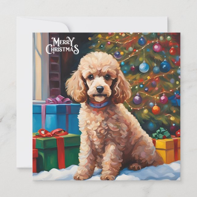 Merry Christmas Poodle with Christmas Tree, Gifts  Holiday Card (Front)