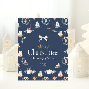 Merry Christmas Poster with Watercolor Gold Bow
