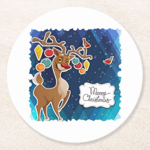 Merry Christmas Prancing Reindeer Round Paper Coaster