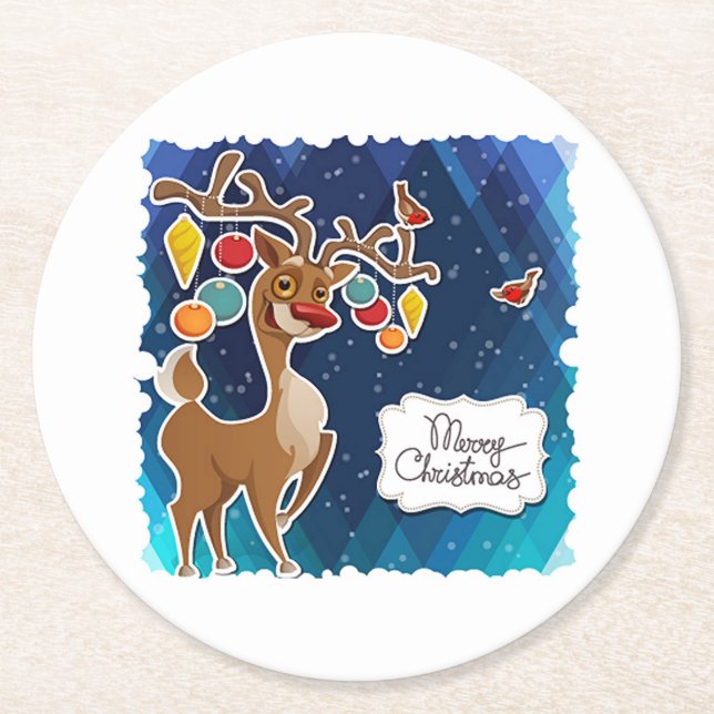 Merry Christmas Prancing Reindeer Round Paper Coaster (Front)