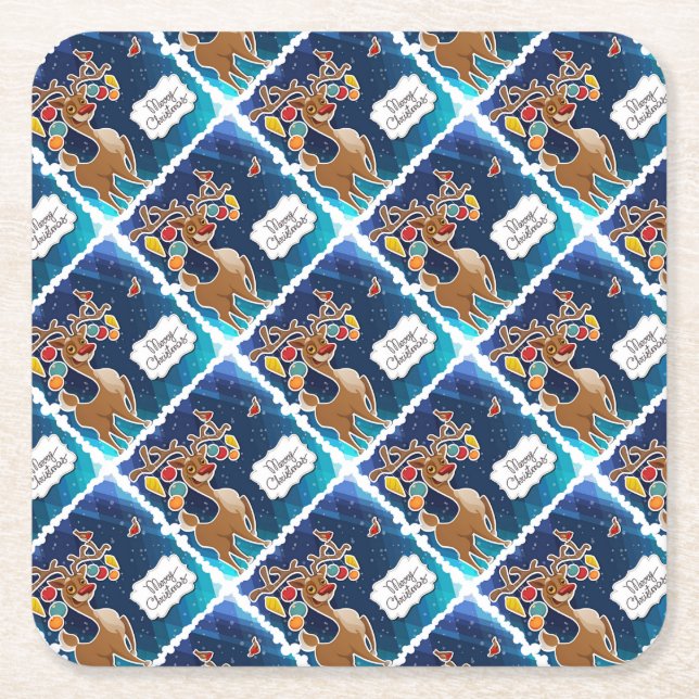 Merry Christmas Prancing Reindeer Square Paper Coaster (Front)