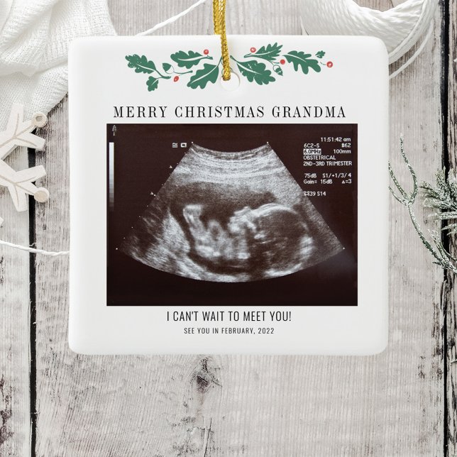 Merry Christmas Pregnancy Ultrasound Photo Grandma Ceramic Ornament (Merry Christmas Pregnancy Announcement Sonogram Ceramic Ornament)