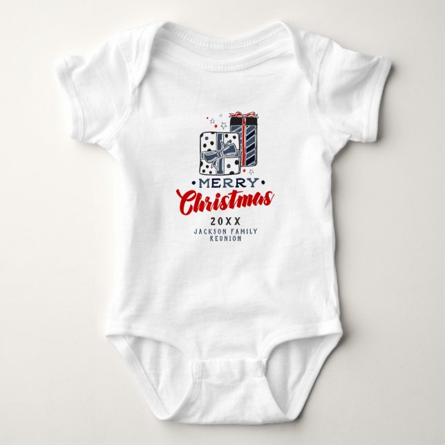 Merry Christmas Presents Custom Text Red Blue Baby Bodysuit (Front)