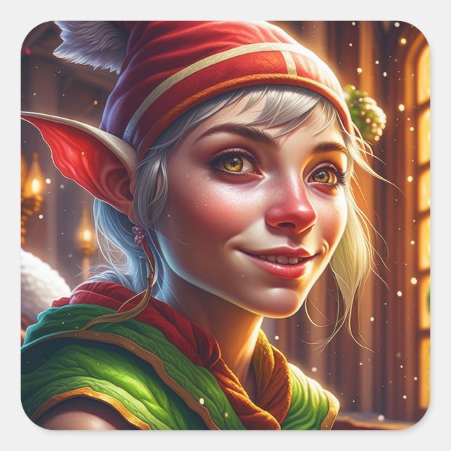 Merry Christmas Pretty Elf Square Sticker (Front)