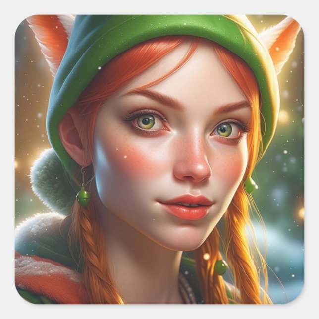 Merry Christmas Pretty Elf Square Sticker (Front)