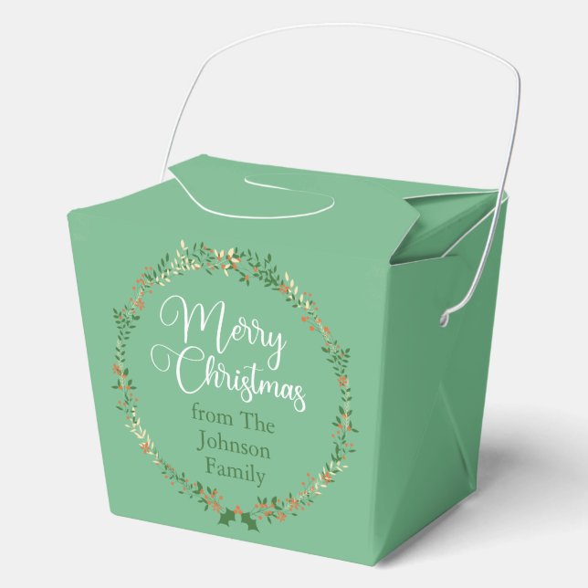 Merry Christmas Pretty Green Wreath Custom Party Favour Box (Front)