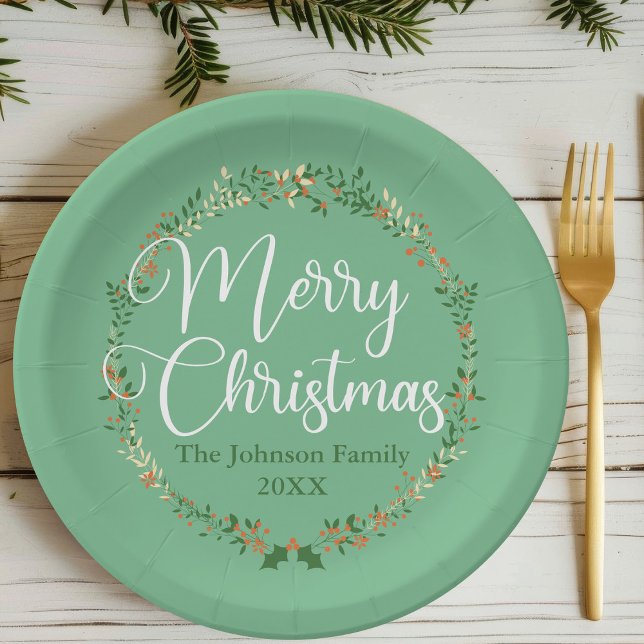 Merry Christmas Pretty Green Wreath Custom Party Paper Plate (Creator Uploaded)