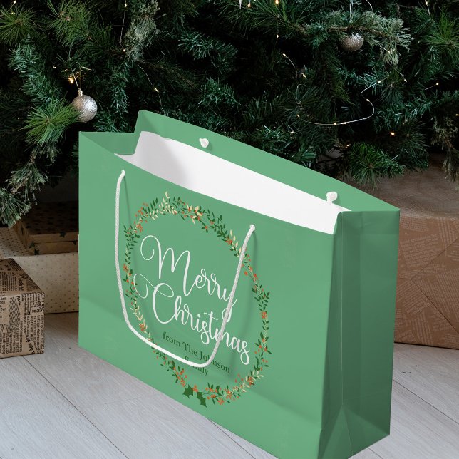 Merry Christmas Pretty Mint Green Wreath Custom Large Gift Bag (Creator Uploaded)