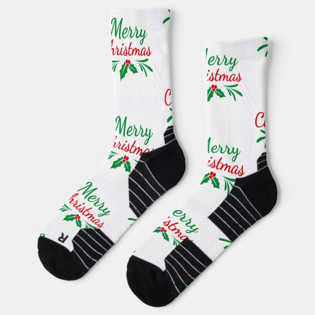 Merry Christmas Printed Athletic Crew Underwear Socks (Left)