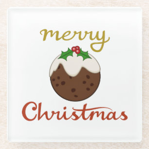 Merry Christmas+Pudding Design Glass Coaster