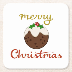 Merry Christmas+Pudding Design Square Paper Coaster