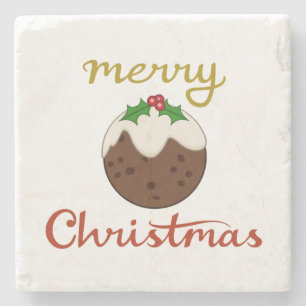 Merry Christmas+Pudding Design Stone Coaster