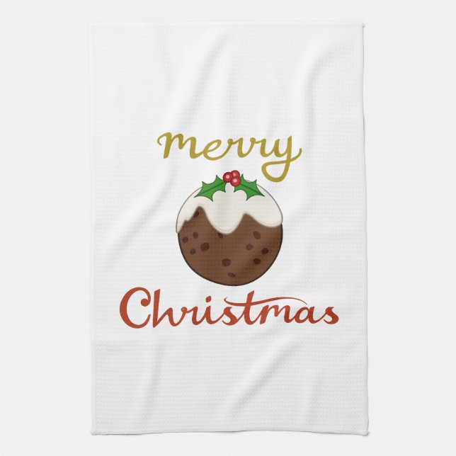 Merry Christmas+Pudding Design Tea Towel (Vertical)