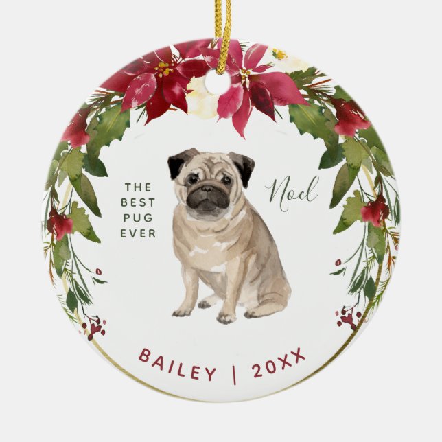 Merry Christmas Pug | Add Your Dog's Photo Ceramic Tree Decoration (Front)