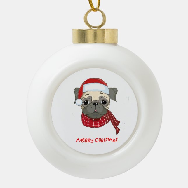 Merry Christmas Pug Ceramic Ball Christmas Ornament (Front)