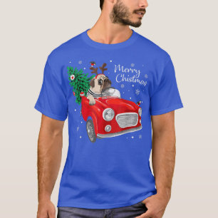 Merry Christmas Pug Dog Reindeer On Red Truck Car  T-Shirt
