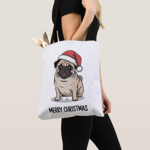 Merry Christmas Pug Dog Santa Hat Holiday Season Tote Bag