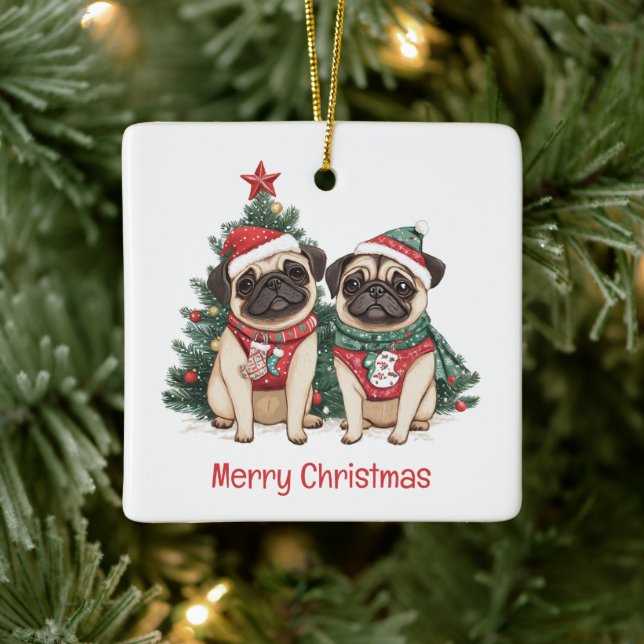 Merry Christmas Pug Dogs Ceramic Ornament (Tree)