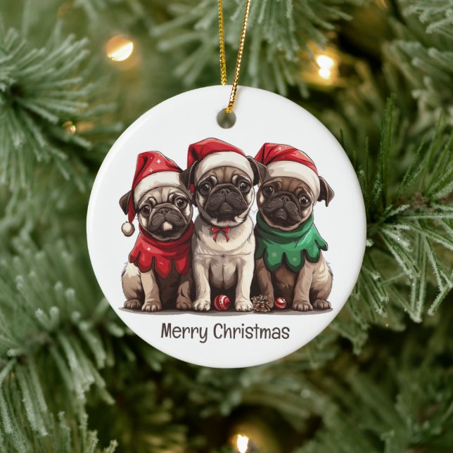 Merry Christmas Pug Dogs Ceramic Tree Decoration (Tree)