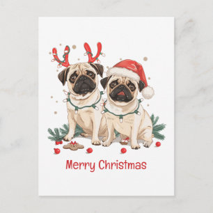 Merry Christmas Pug Dogs Holiday Postcard