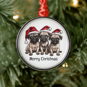 Merry Christmas Pug Dogs Santa Metal Tree Decoration