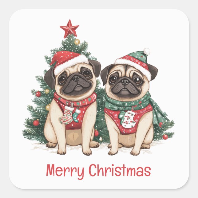 Merry Christmas Pug Dogs Square Sticker (Front)