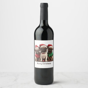 Merry Christmas Pug Dogs Wine Label