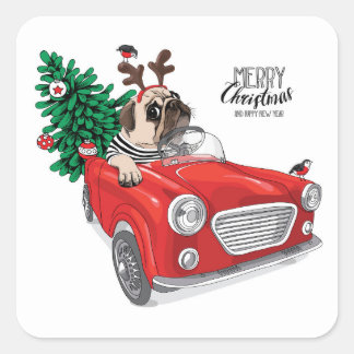 Merry Christmas | Pug Driving Vintage Car Square Sticker