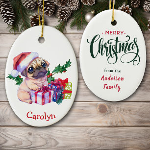 Merry Christmas Pug Puppy Christmas Ceramic Tree Decoration