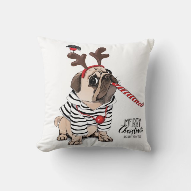Merry Christmas | Pug Reindeer Cushion (Front)