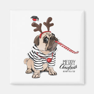 Merry Christmas   Pug Reindeer Magnet